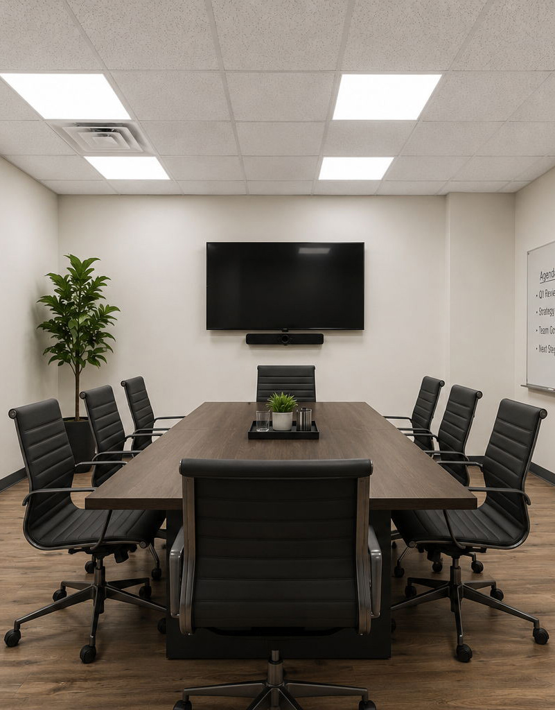 Modern corporate conference room for rent in Villa Park, IL featuring a large wooden boardroom table, black leather executive chairs, and a wall-mounted flat-screen TV.