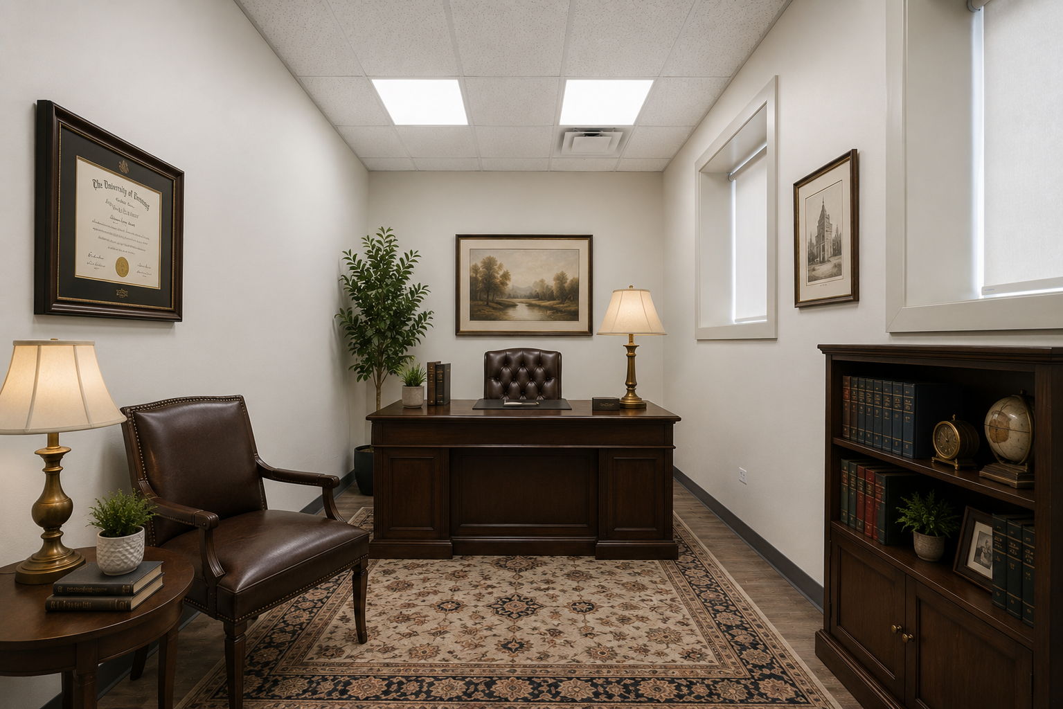 A classic executive office suite for rent in Villa Park, IL, featuring a large dark wood double-pedestal desk, a tufted brown leather executive chair, matching guest armchairs, traditional table lamps, and a decorative area rug.